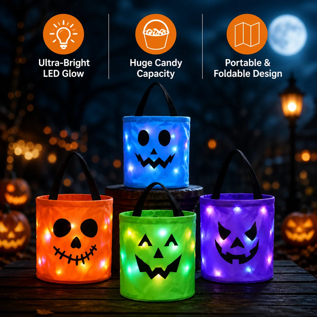 Halloween Luminous Pumpkin Candy Bucket, Hand-Held LED Fabric Candy Bag, Holiday Party Decoration Gift