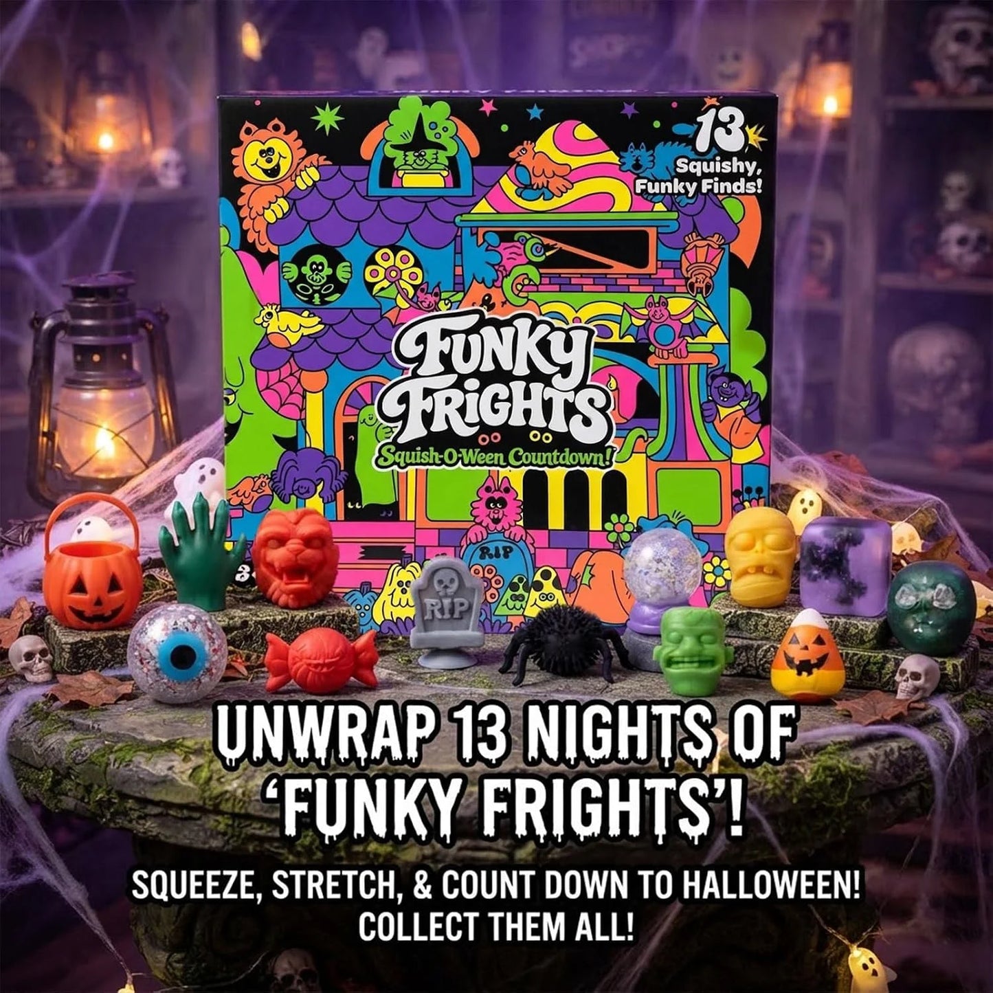 Needoh New Funky Frights Halloween Advent Calendar 13 Days, Spooky Squishy Slow Rise Stress Relief Toys Countdown Gift Box
