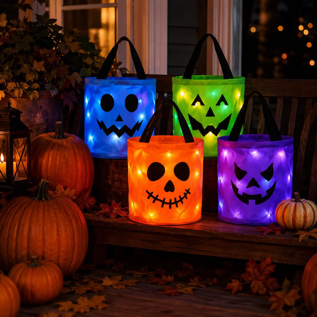 Halloween Luminous Pumpkin Candy Bucket, Hand-Held LED Fabric Candy Bag, Holiday Party Decoration Gift