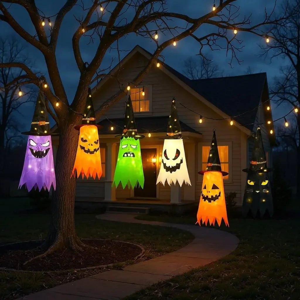 Halloween Glowing Witch Hat Lanterns Hanging Decoration for Garden Porch Room Indoor Outdoor Holiday Party Props Decor