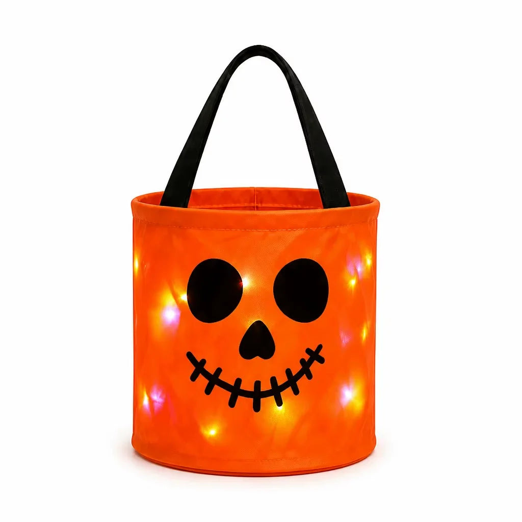 Halloween Luminous Pumpkin Candy Bucket, Hand-Held LED Fabric Candy Bag, Holiday Party Decoration Gift
