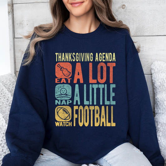 Thanksgiving Agenda Turkey Football Autumn Fall Themed Graphic Print Cozy Sweatshirt