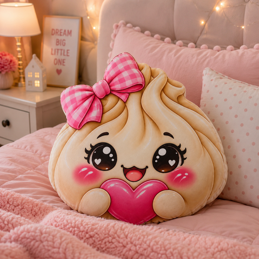 Kawaii Dumpling Shaped Pillow — Cute Pink Bow & Heart Plush