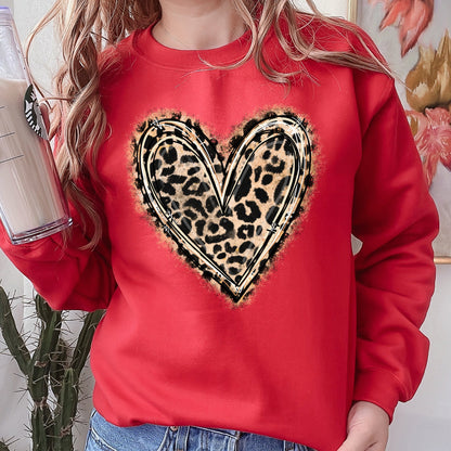 Leopard Print Heart Valentine's Day Cozy Warm Plush Fleece Premium Cotton Blend Soft Touch Graphic Sweatshirt