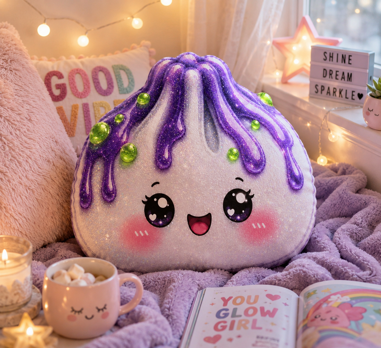 Kawaii Drip Dumpling Pillow — Cute Purple Drizzle Custom Shaped Pillow