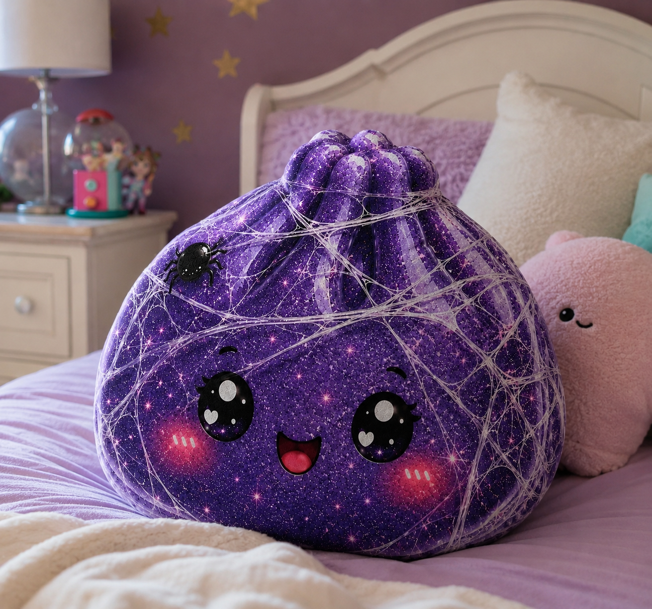 Kawaii Purple Spiderweb Plush Pillow — Cute Halloween Decorative Cushion