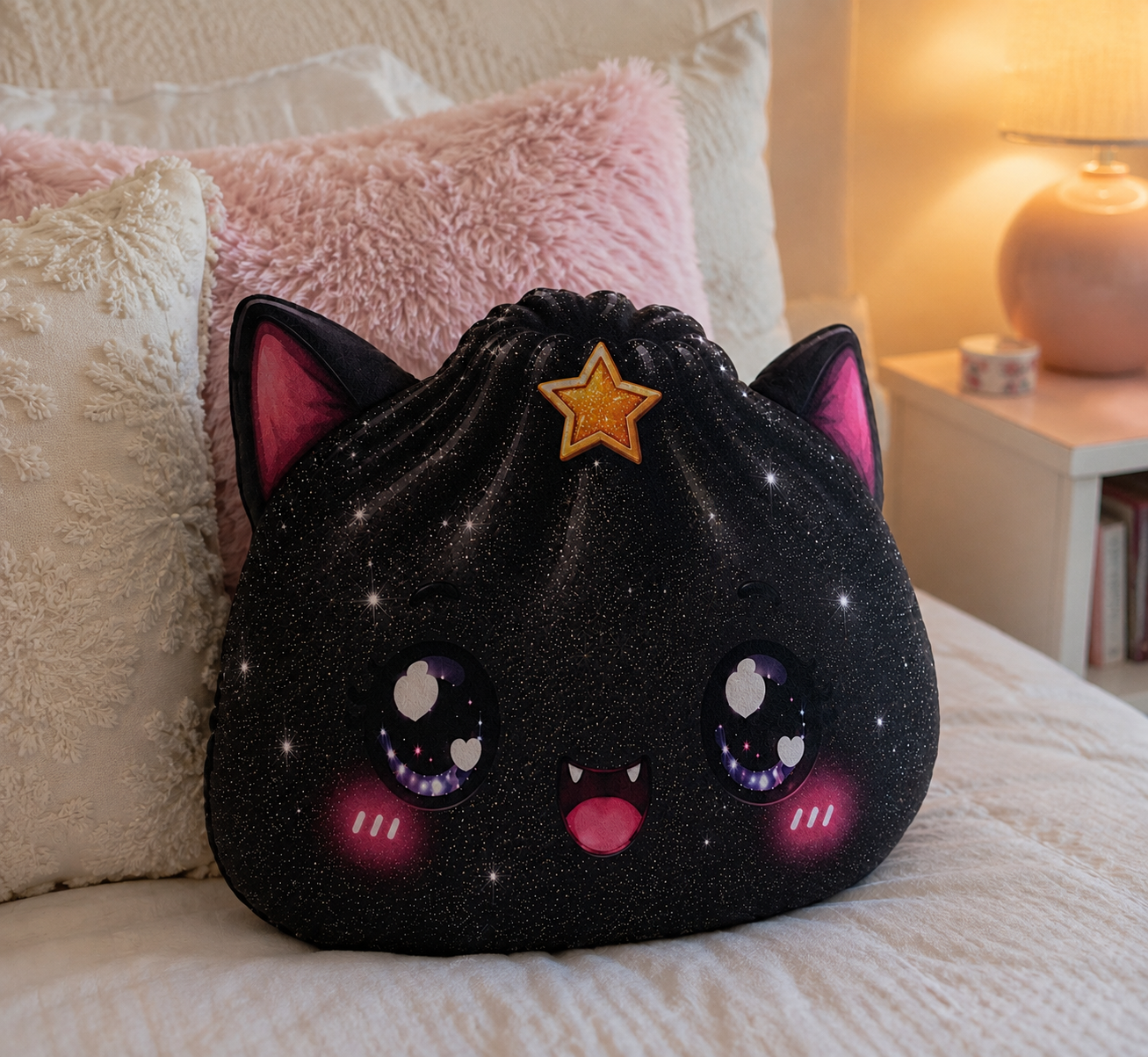 Kawaii Star Cat Shaped Pillow — Cute Black Cat Face Decorative Throw