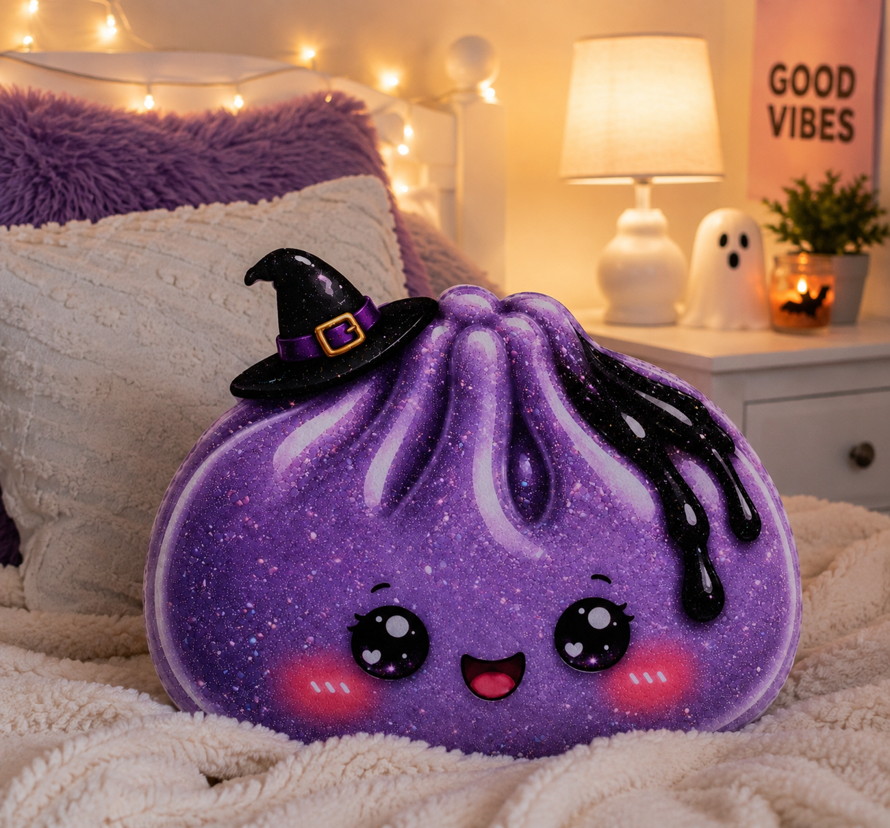 Halloween Kawaii Witch Dumpling Pillow — Cute Purple Glitter Custom Shaped Pillow