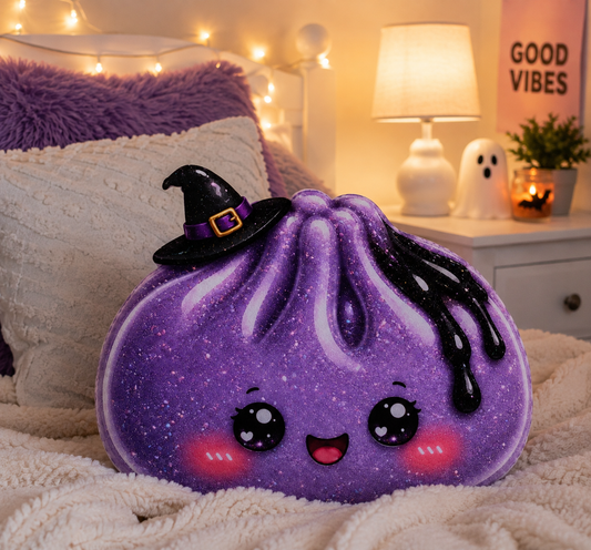 Halloween Kawaii Witch Dumpling Pillow — Cute Purple Glitter Custom Shaped Pillow