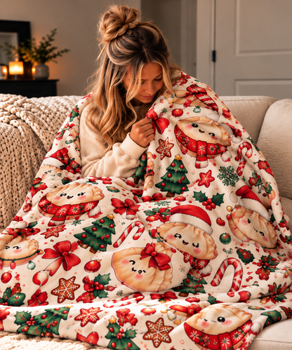 Cute Christmas Dumpling Sherpa Fleece Blanket — Holiday Dim Sum Pattern